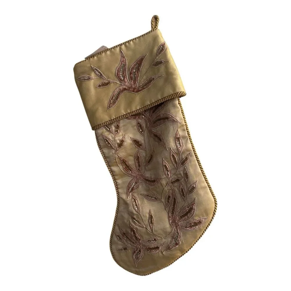 NWT Neiman Marcus Gold Silk Beaded Floral Christmas Stocking With Tassel